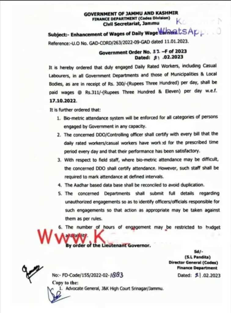 J&k Admin orders Enhancement of Wages of Daily Wage