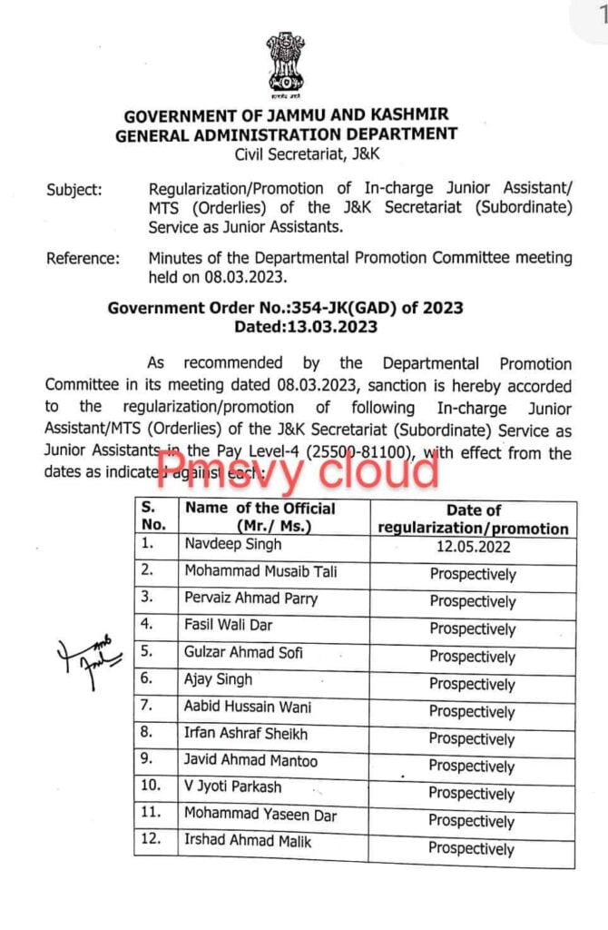 Regularisation/Promotion Junior Assistants in Jammu and Kashmir 