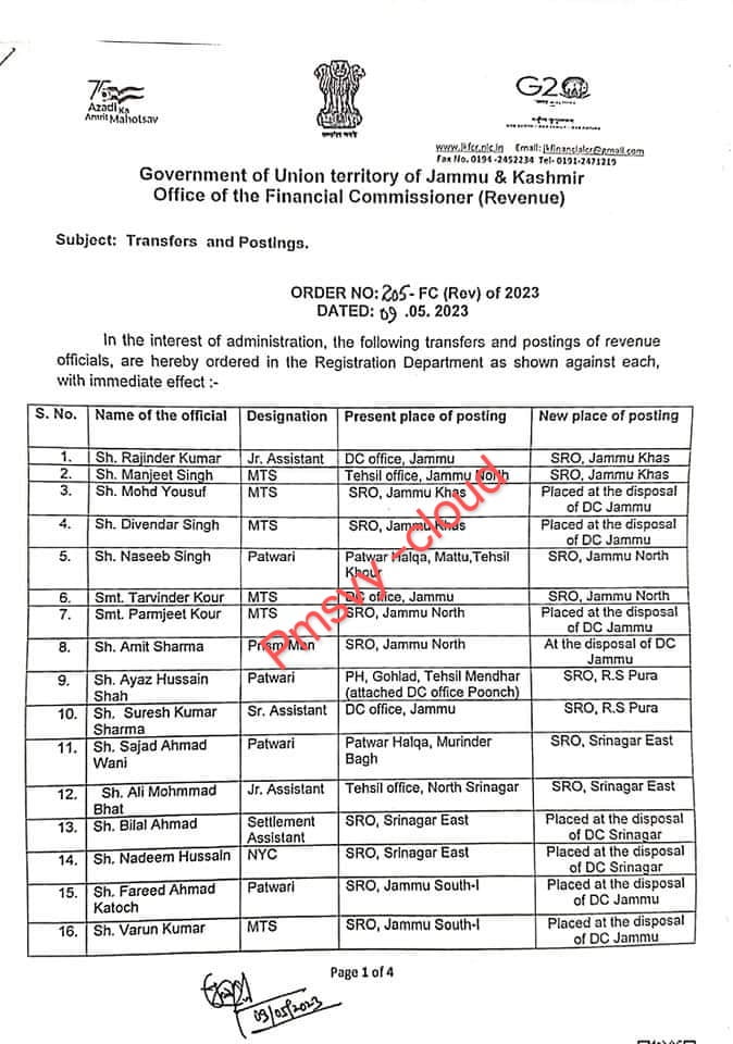 Immediate transfers and postings of revenue officials within the Registration Department are ordered for the interest of administration, as detailed below:The specifics of the transfers and postings are to take effect immediately.