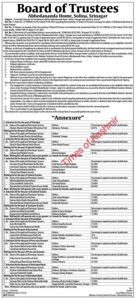 Provisional Selection list of staff Abhedananda Home