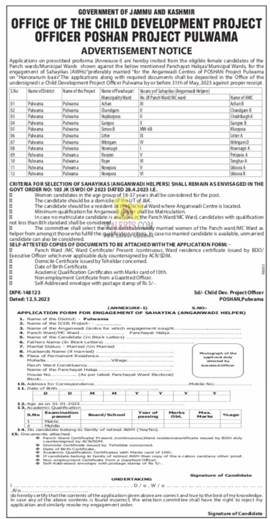 Apply Now for Sahayikas (Anganwadi Helpers) Job Opportunities in Pulwama for 2023