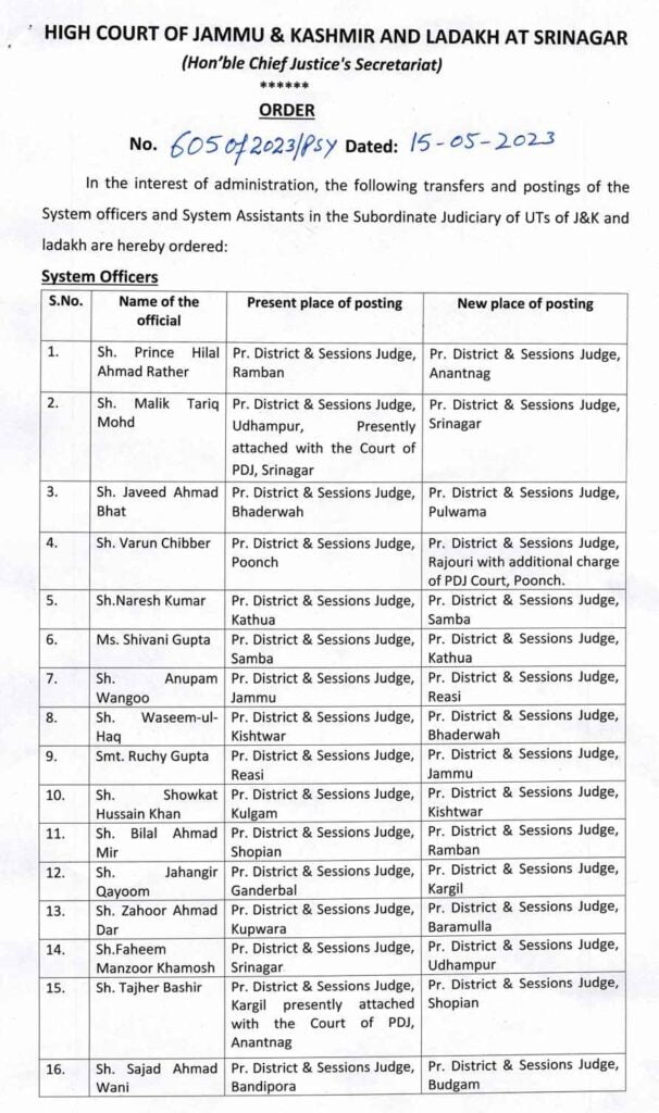 Jk High Court Orders Transfer and Posting System Officers and System Assistants