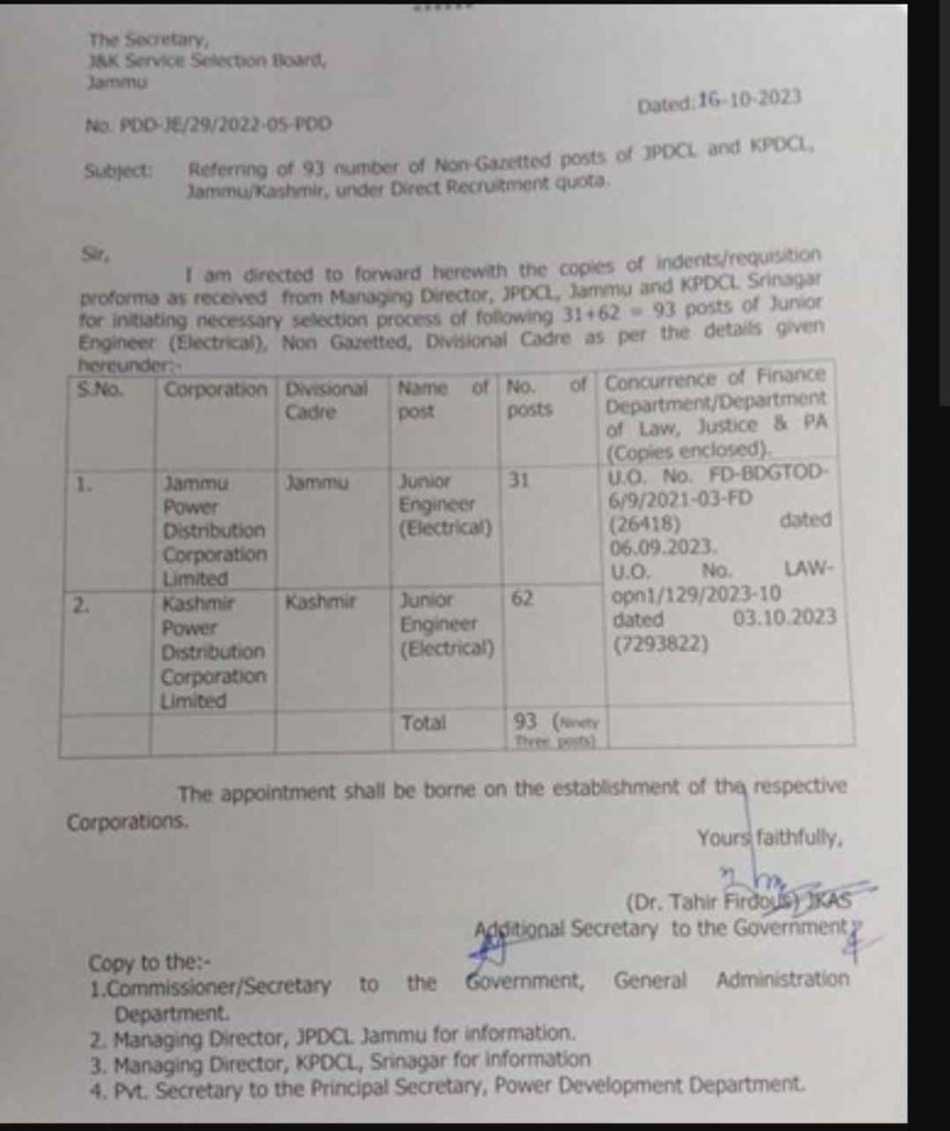 J&K Govt referred 93 posts of Junior Engineers