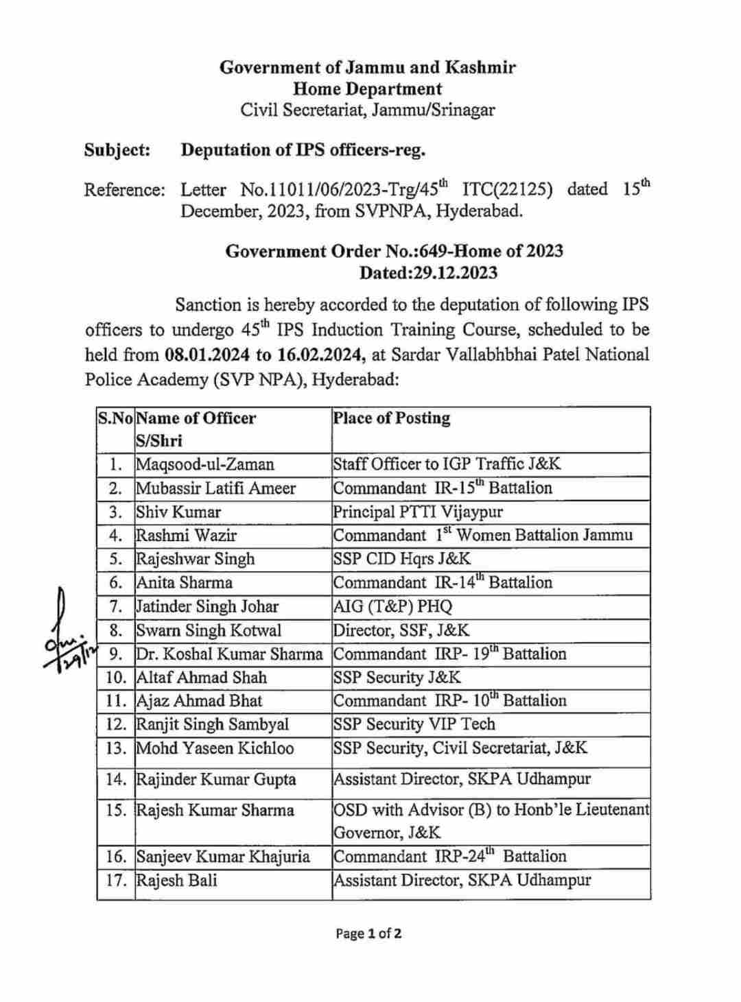 Deputation of 19 IPS Officers.