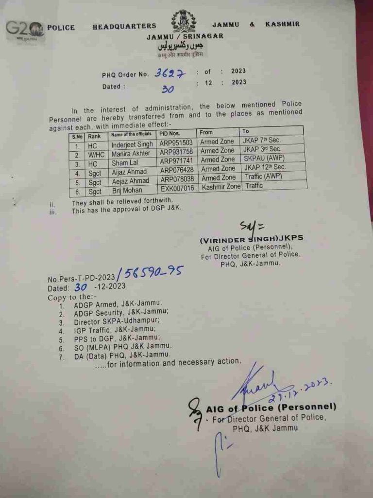 Transfer and posting Of police Personnel in jk