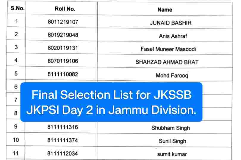 Final Selection List for JKSSB JKPSI Day 2 in Jammu Division.