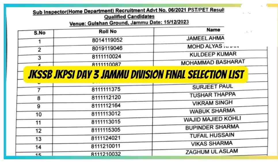 Final Selection List Released for JKSSB JKPSI Day 3 in Jammu Division