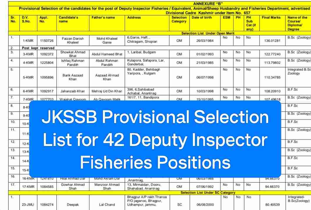 JKSSB Provisional Selection List for 42 Deputy Inspector Fisheries Positions