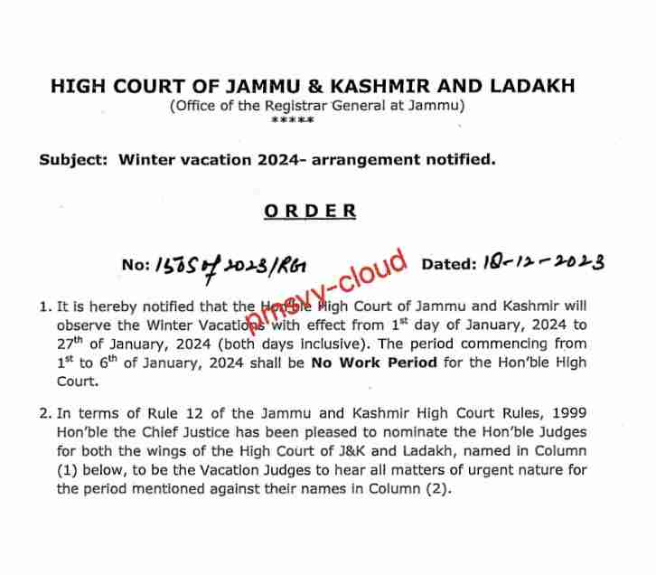 Jammu and Kashmir High Court to Observe Winter Vacations from January 1 to 27