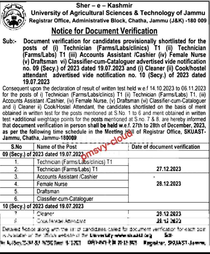SKUAST Document Verification Notification List Here