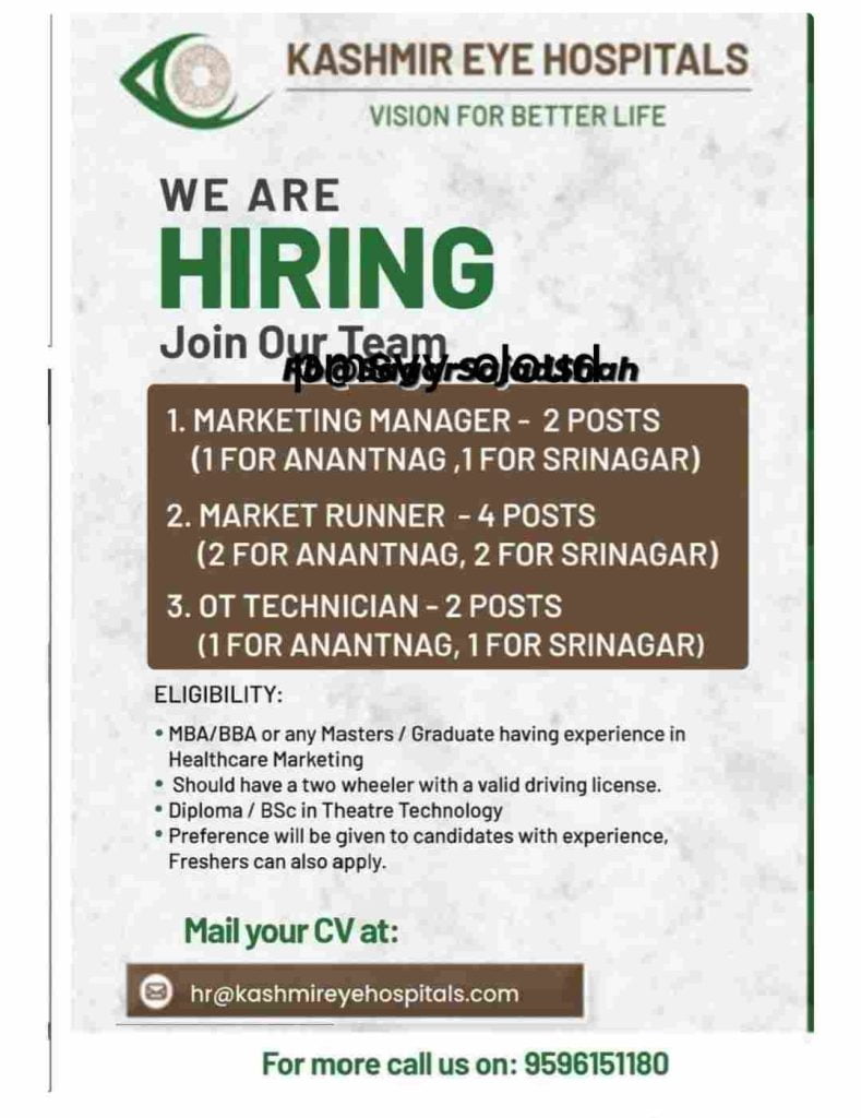 Kashmir Eye Hospital Various Job vacancies 2023-24