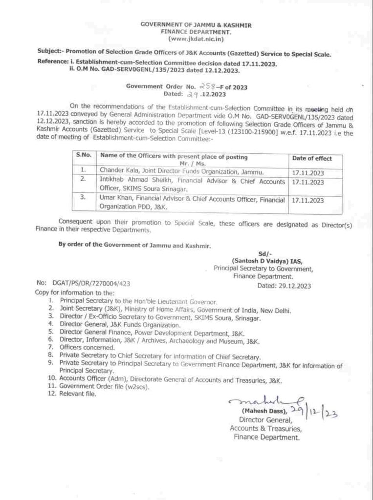 Promotion of Selection Grade Officers of J&K 