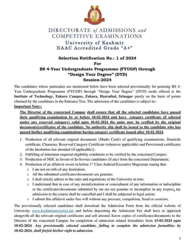 KUs Selection Notification No.: 1 of 2024 For BS 4-Year Undergraduate Programme (FYUGP