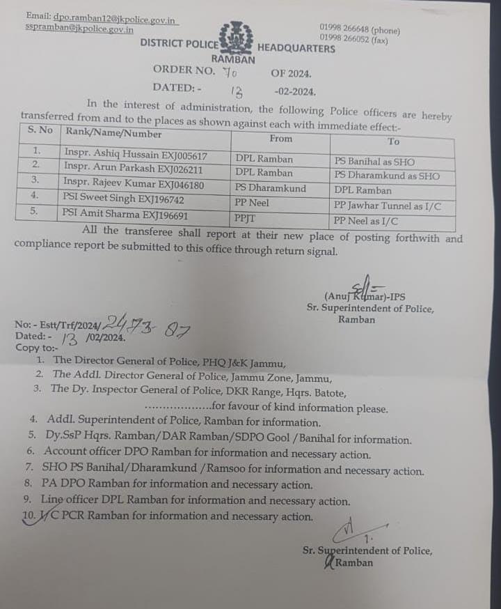 Transfer and Posting of Police Officers