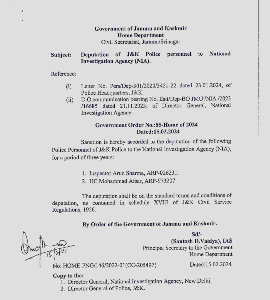 Deputation of J&K Police Personnel to Central Bureau of Investigation(CBI) & National Investigation Agency(NIA)