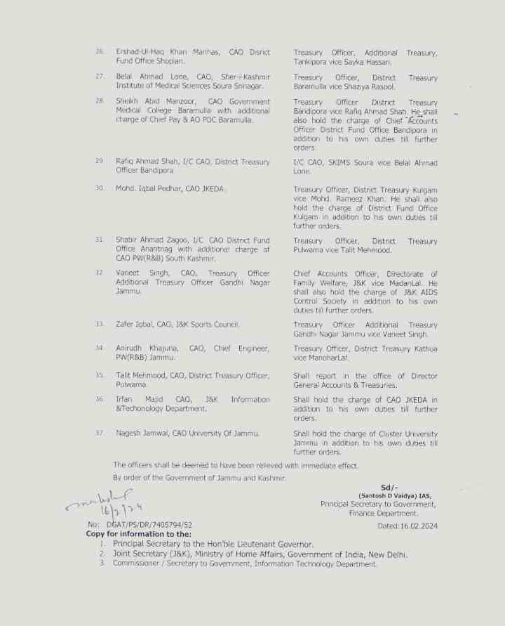 Transfers / Postings / Assigning of Additional Charge to the Members of J&K Accounts
