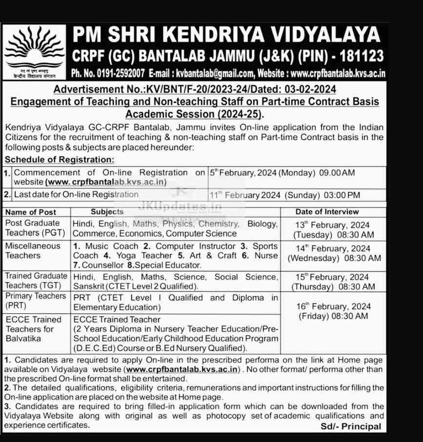 Job vacancies at Kendriya Vidyalaya Bantalab