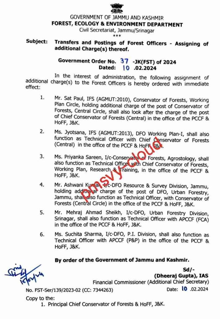Transfers and Postings of Forest Officers in Jammu and Kashmir