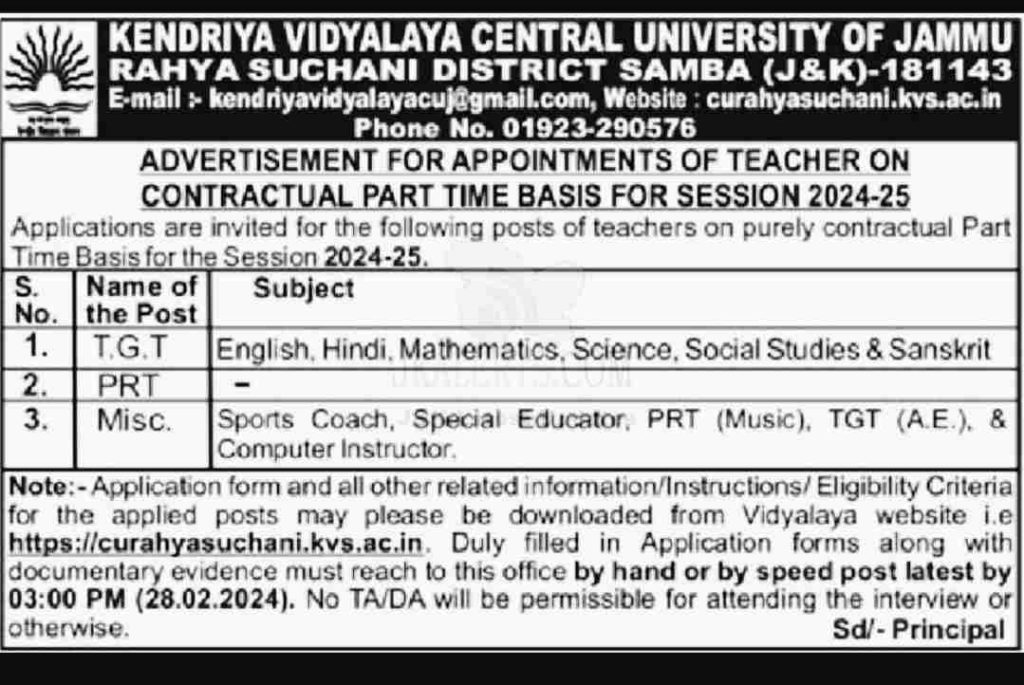Kendriya Vidyalaya Central University of Jammu Job Vacancies 2024
