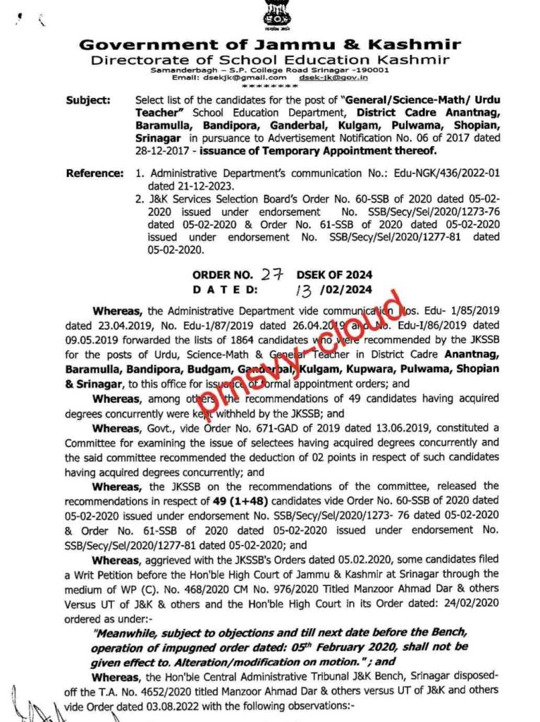 Select list of candidates for the posts of "General/Science-Math/ Urdu Teacher" in School Education Department, District Cadre Anantnag, Baramulla, Bandipora, Ganderbal, Kulgam, Pulwama, Shopian, Srinagar, as per Advertisement Notification No. 06 of 2017 dated 28-12-2017 – issuance of Temporary Appointment thereof.