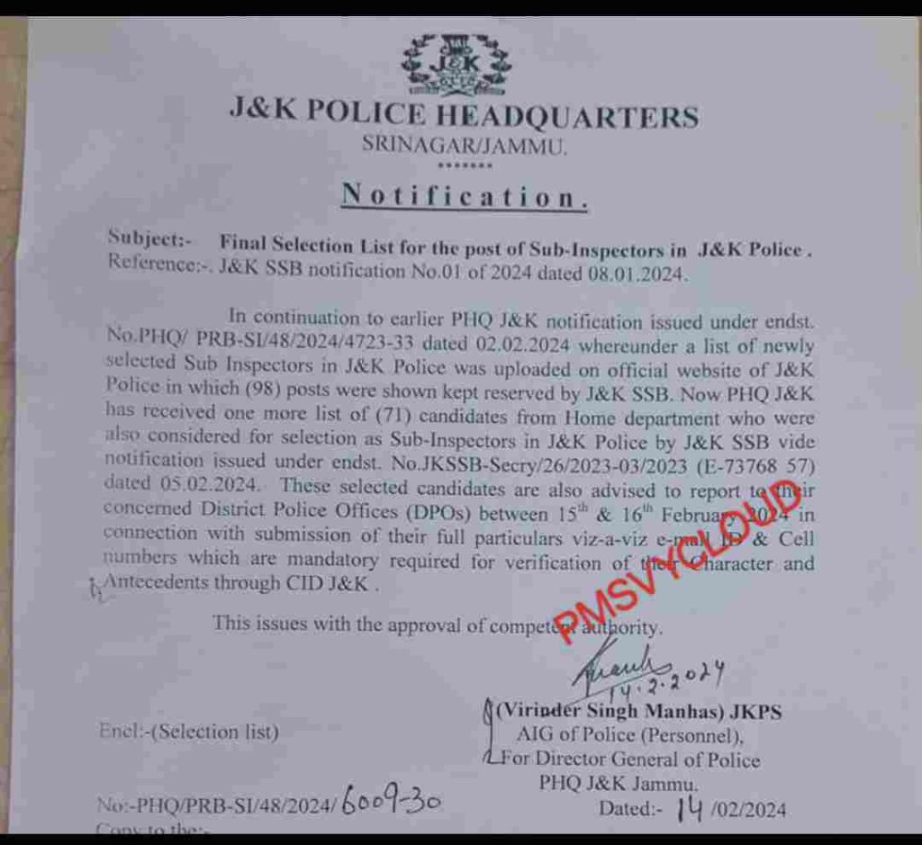 Final Selection List of Sub-Inspectors in J&K Police Important Notification 