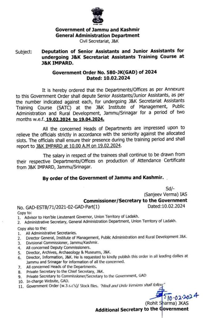 Deputation of Senior Assistants and Junior Assistants for undergoing J&K