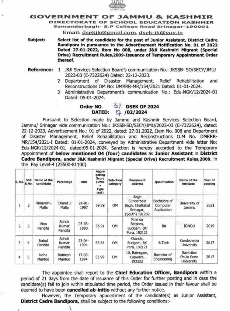 Select list of the candidate for the post of Junior Assistant