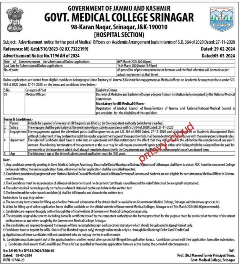 85 Posts GMC Srinagar Recruitment 2024