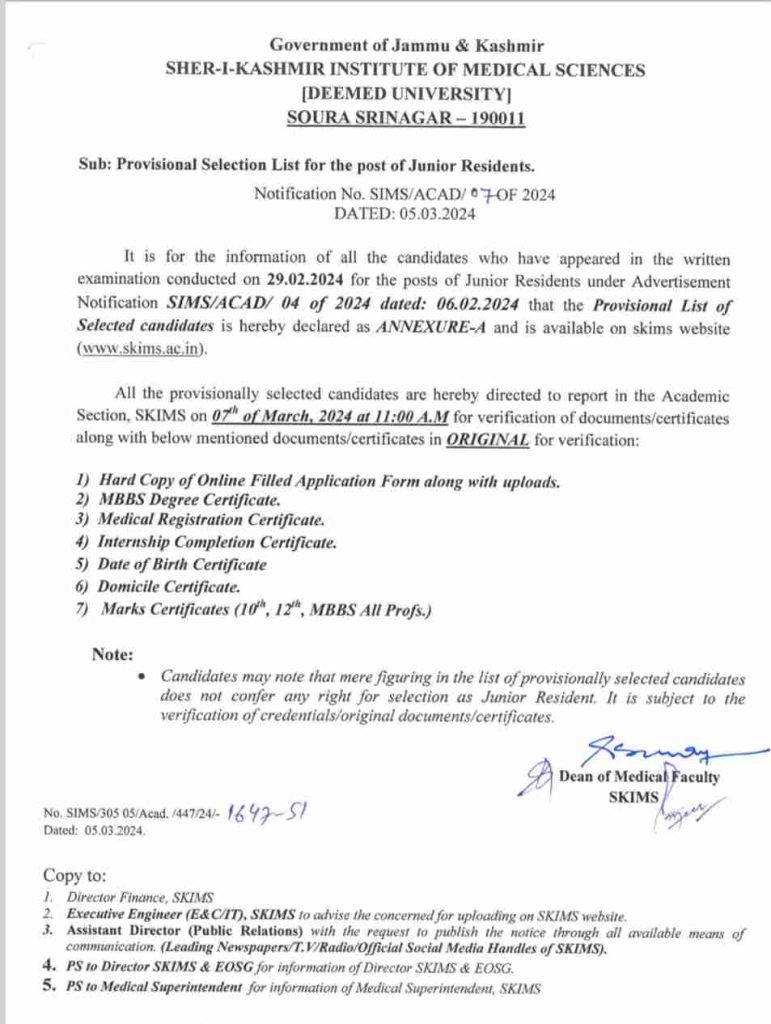 Skims Provisional Selection List for the post of Junior Residents.