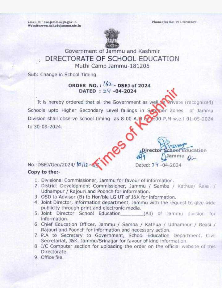 Change in School Timing in Jammu and Kashmir 