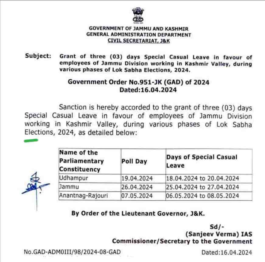 Special Casual Leave Granted for Jammu Division Employees in Kashmir Valley 