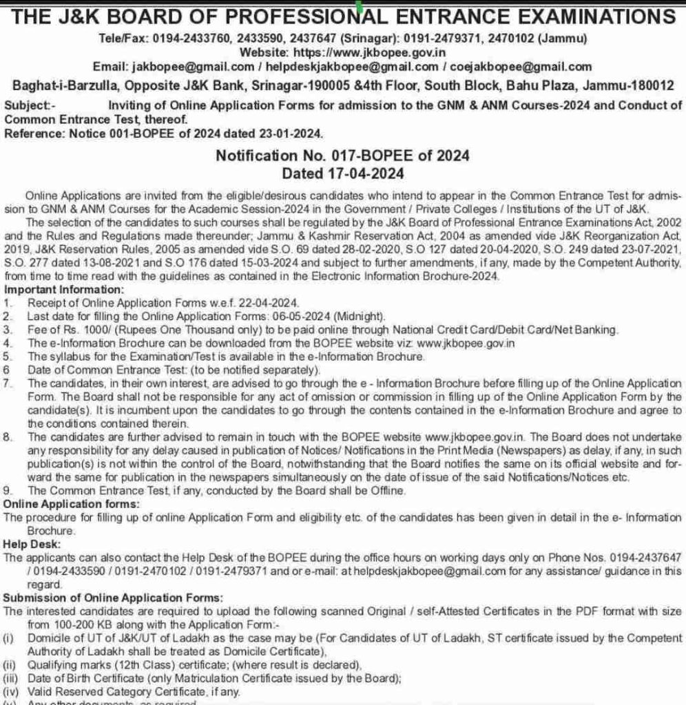 JKBOPEE Admission Notification Regarding GNM & ANM Courses-2024