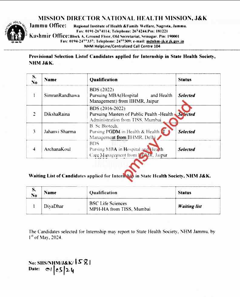 JKNHM Provisional selection Lists Download PDF 