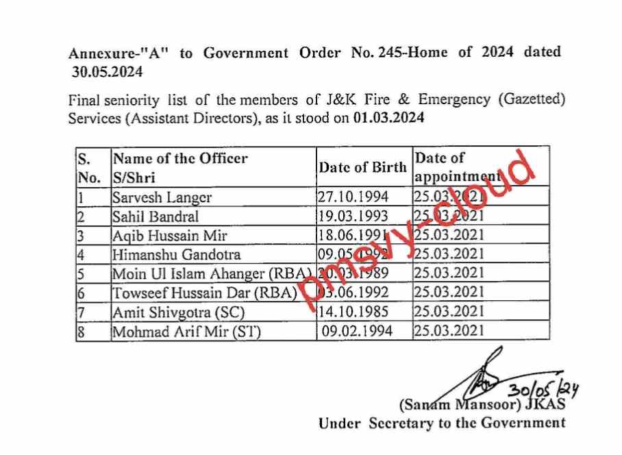 June 01: Final Seniority List of Assistant Directors in Jammu & Kashmir.