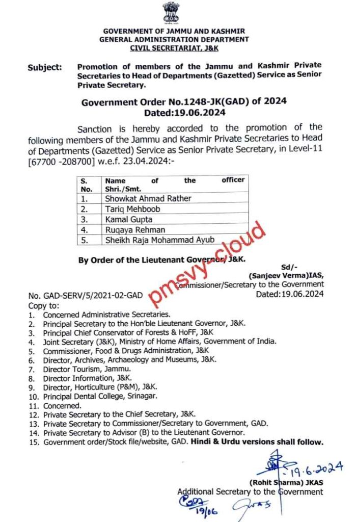 Promotion as Senior Private Secretaries in J&K.