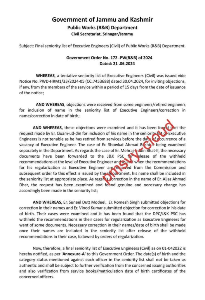 Final seniority list of Executive Engineers