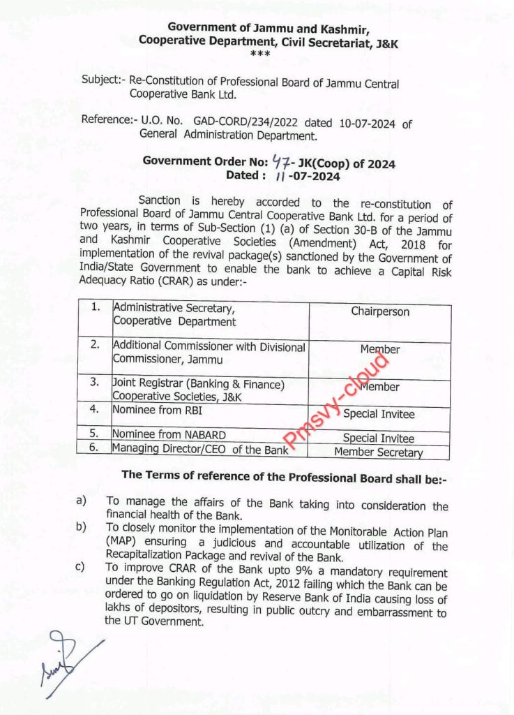 Re-Constitution of the Professional Board of Jammu Central Cooperative Bank Ltd.