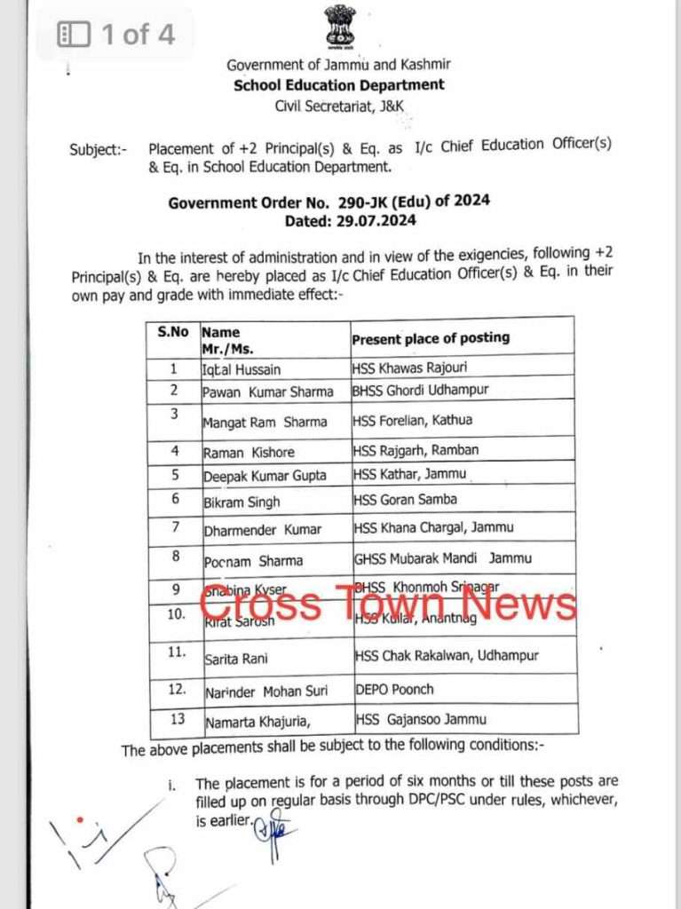 Govt ordered placement as Chief Education Officers in jk