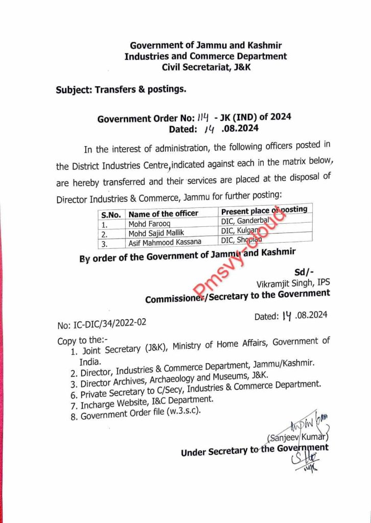 Transfers and Postings Of Officers in jk