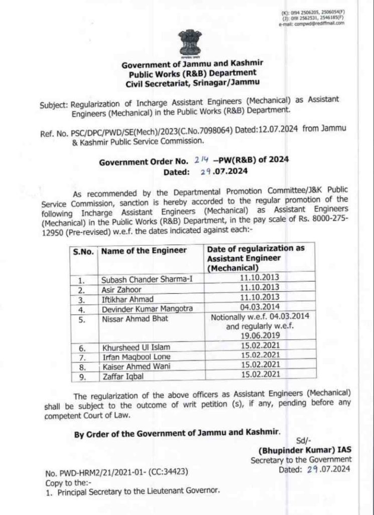 14 Incharge AEEs in J&K Promoted to AEEs in PWD