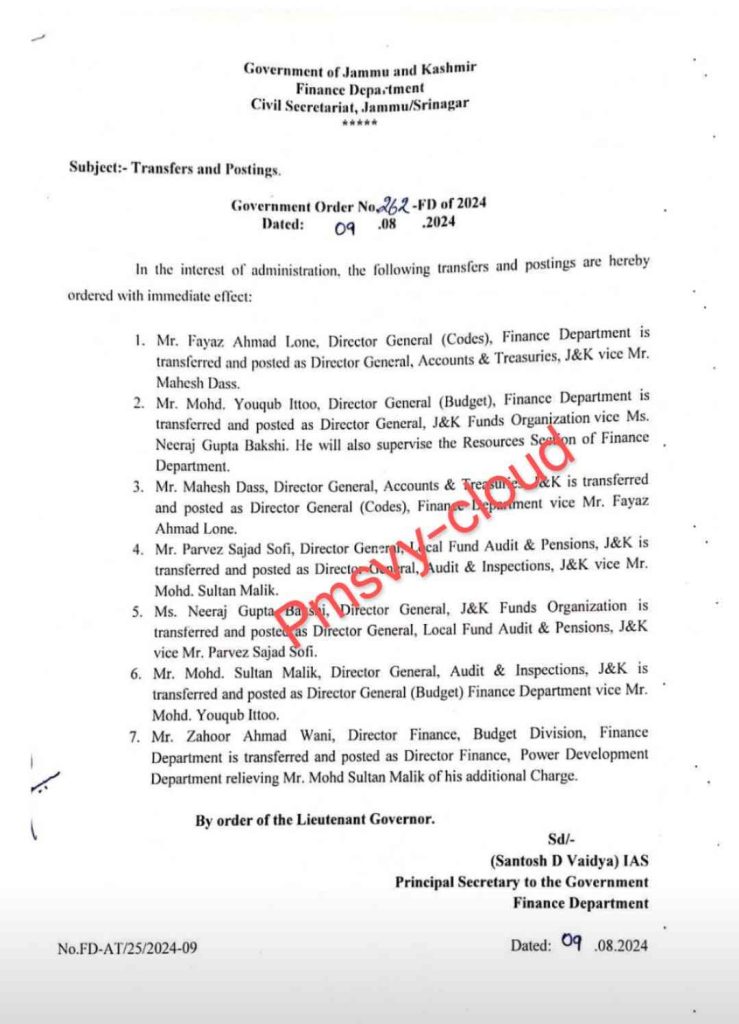 Transfers and Postings Of Finance Department in jk