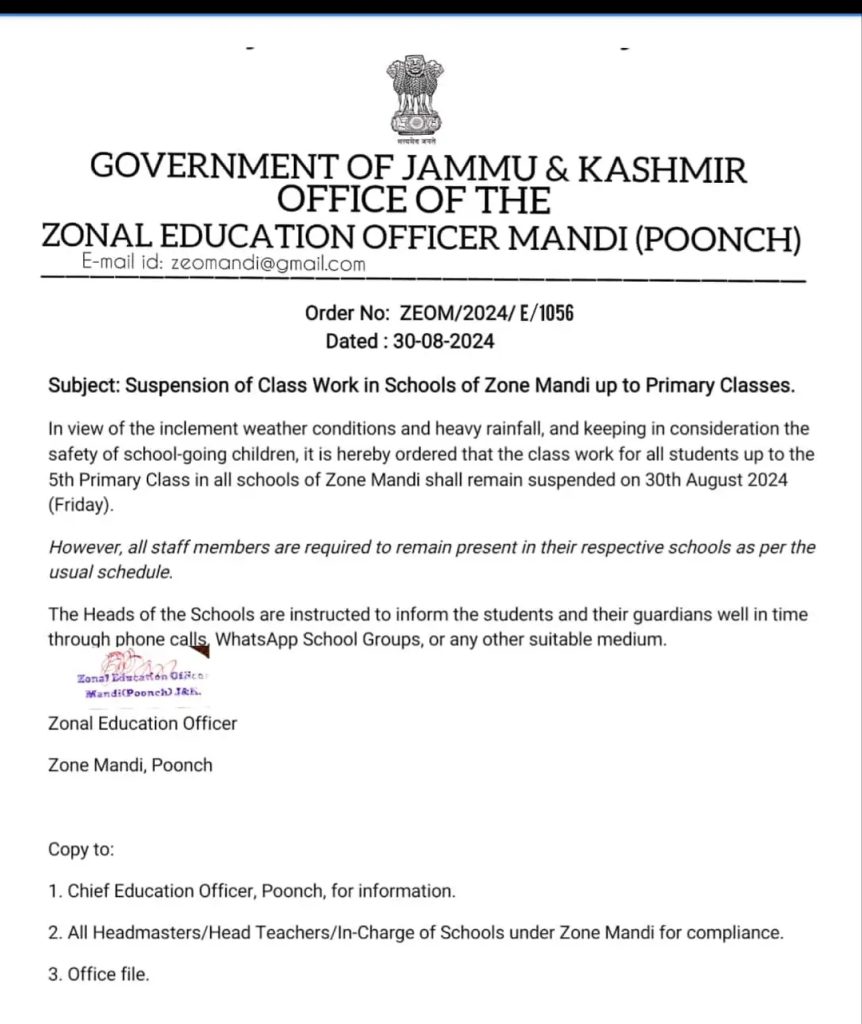 Suspension of Class Work in Schools zone Mandi up to Primary Classes.