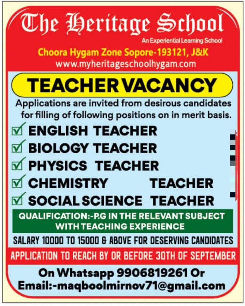 The Heritage School Sopore Jobs Vacancy 2024: Teaching post Available