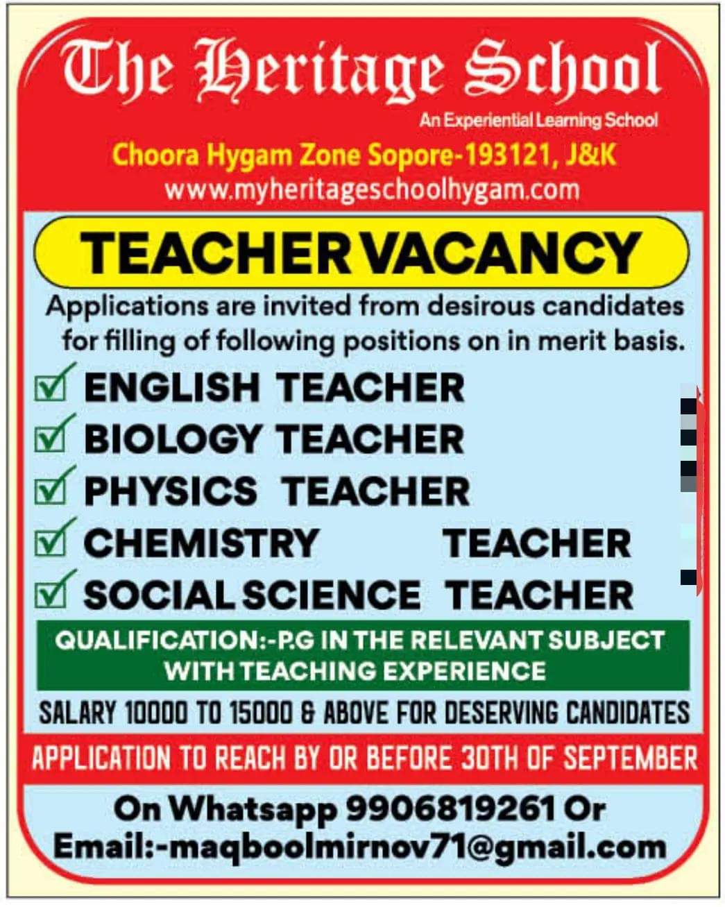 The Heritage School Sopore Jobs Vacancy 2024: Teaching post Available