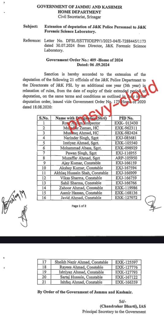 J&K Govt Orders Extension of Police Personnel Deputation