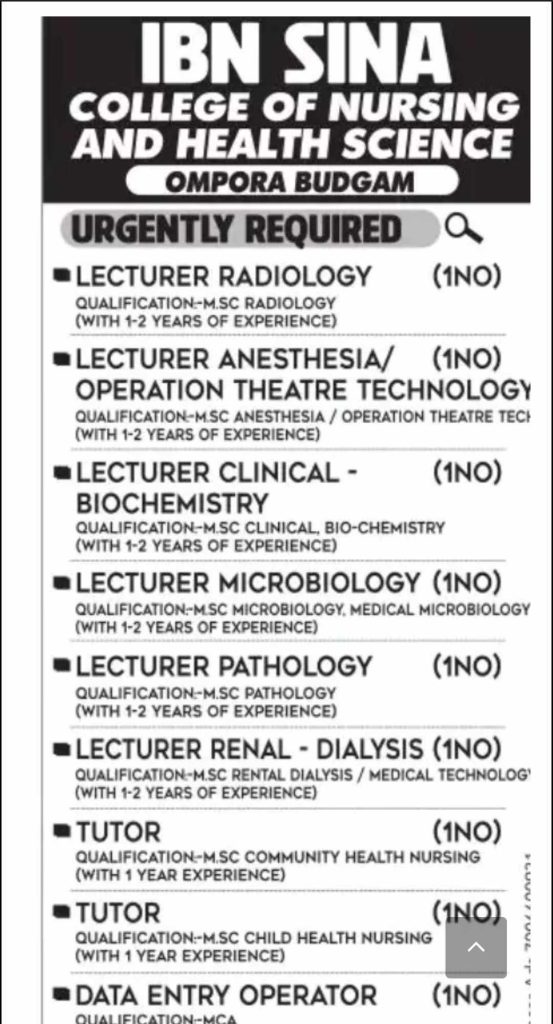 Ibn Sina College of Nursing and Health Science Recruitment 2024: Teaching and Non-Teaching Staff Vacancies