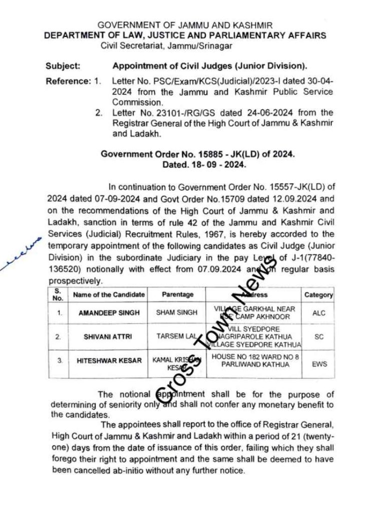 Appointment as Civil Judges in Jammu and Kashmir