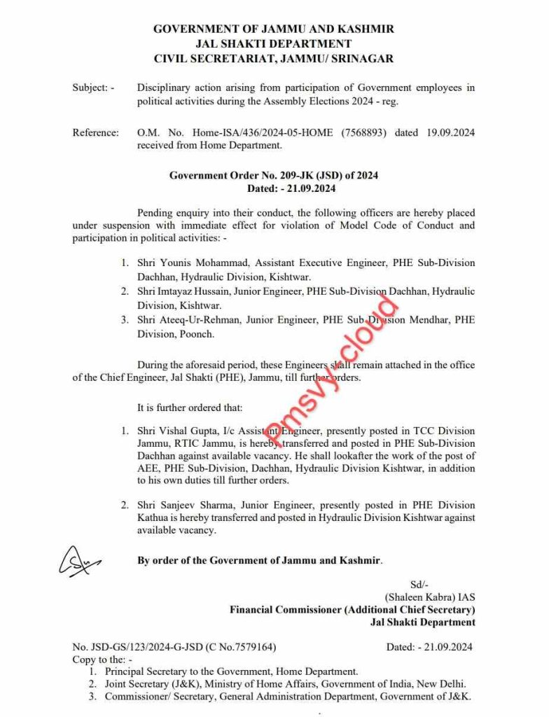 transfers and postings of Engineers in jk