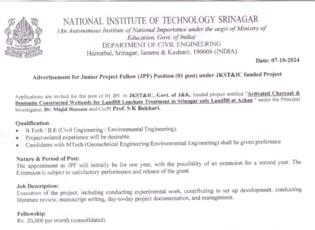NIT Srinagar Dept. of Civil Engineering JPF Advertisement Notice 2024