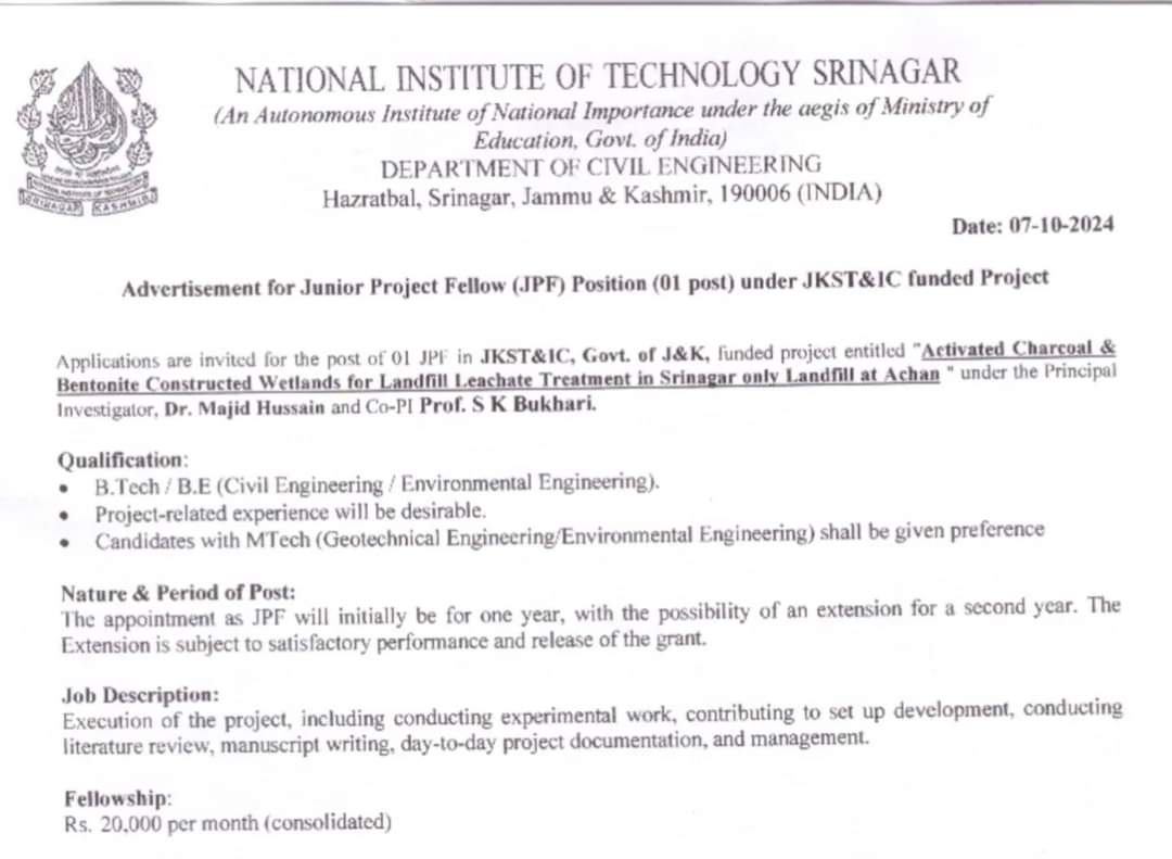 NIT Srinagar Dept. of Civil Engineering JPF Advertisement Notice 2024